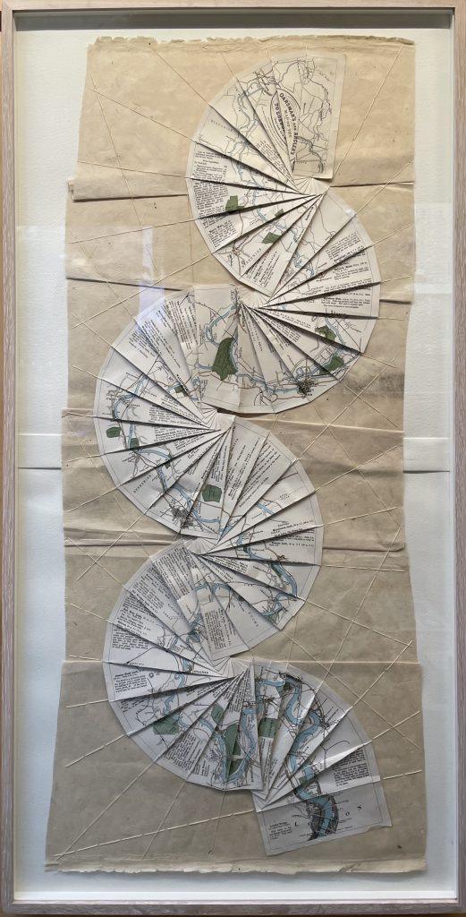 Mixed media collage, vintage map of the river Thames, Shasiko thread, hand-made paper